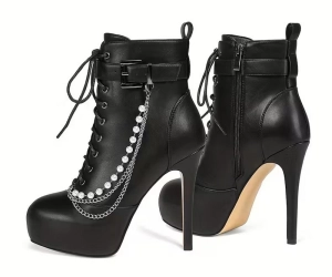 >>> BUTIK  -   Buty  GOTOWE / Botki  na platformie  Z OZDOBĄ (  lub bez )-sznurowane z suwakiem / Ekoskóra  czarna   / rozmiar 44/45 - całkowita  długość  wyściółki ok. 30 cm 